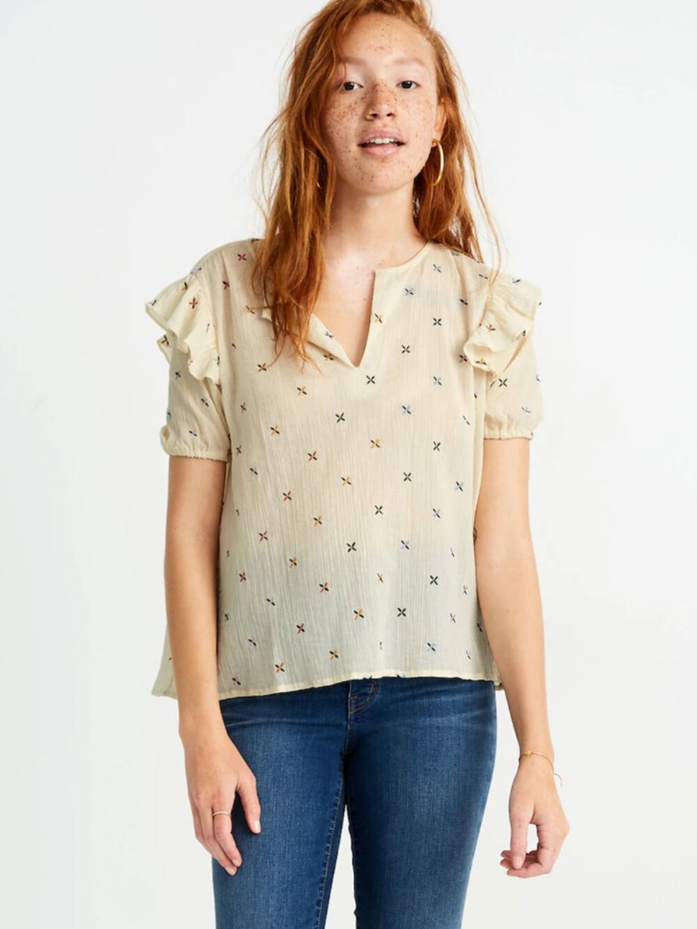 MADEWELL Cream Gauzy Short Sleeve V-Neck Embroidered Blouse sz XXS